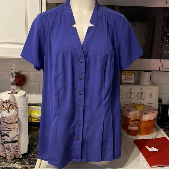 L womens 212 solid blue button up short sleeve blouse 👚 plus size 1X - Picture 1 of 3